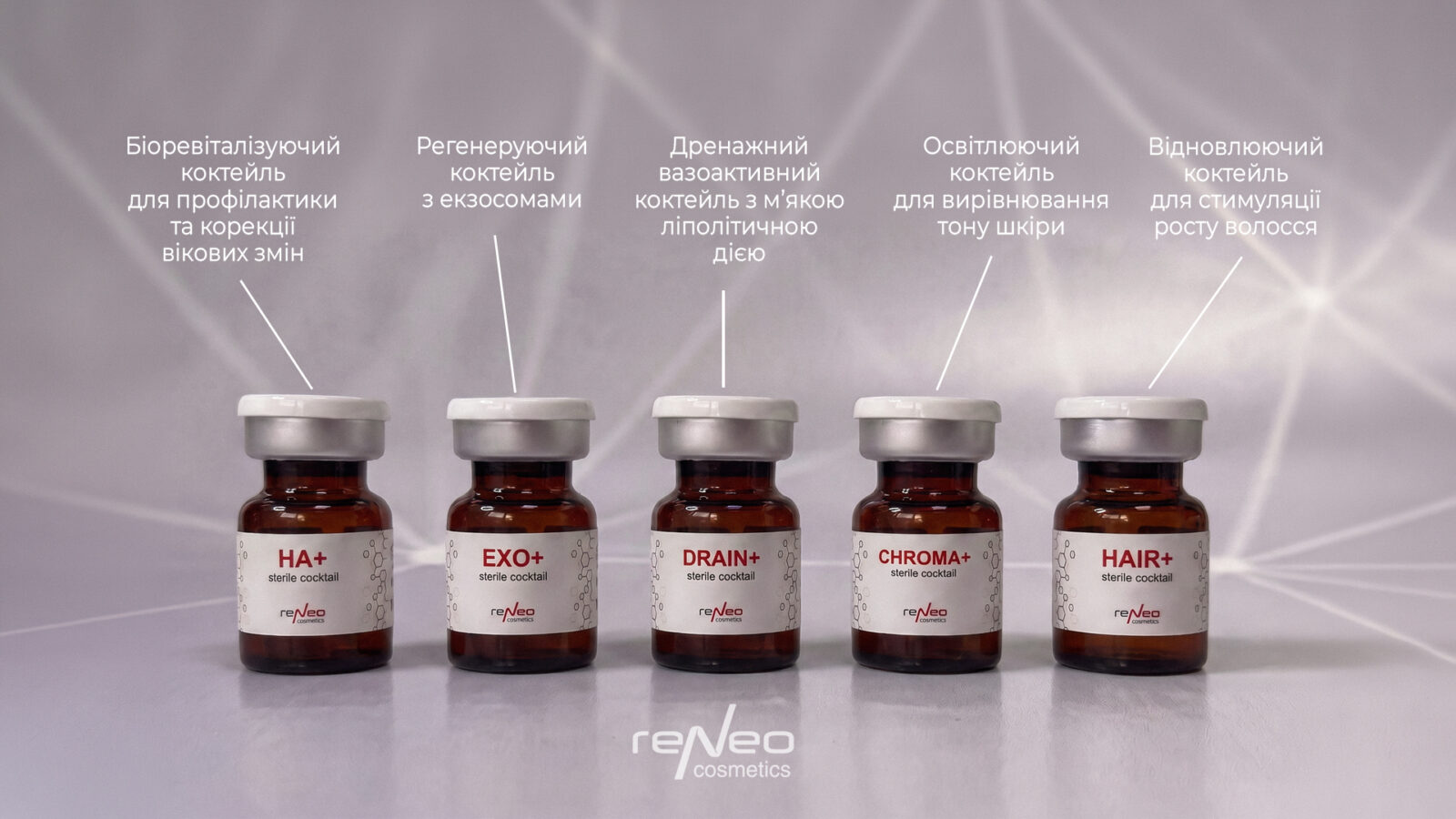 П'ять стерильних мезококтейлів Reneo Cosmetics для дермапену: флакони HA+, EXO+, DRAIN+, CHROMA+ і HAIR+